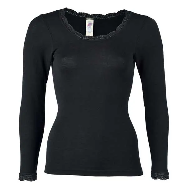 Shirt, long sleeved, with lace - Zwart